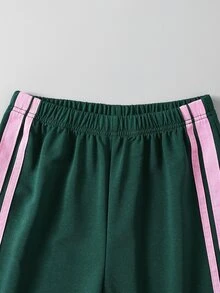 女童新款時尚玫瑰粉與綠色拼接圓領長袖上衣，甜美蝴蝶結印花，搭配寬腿褲 2 件套 - 彩色 - 查看 6