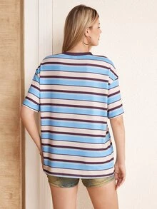LOONEY TUNES X SHEIN Kaos Kasual Wanita Lengan Pendek Kerah Bulat Bergaris dengan Bahu Longgar - Biru - View 2