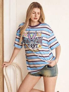 LOONEY TUNES X SHEIN Kaos Kasual Wanita Lengan Pendek Kerah Bulat Bergaris dengan Bahu Longgar - Biru - View 6