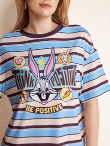 LOONEY TUNES X SHEIN Kaos Kasual Wanita Lengan Pendek Kerah Bulat Bergaris dengan Bahu Longgar - Biru - View 3