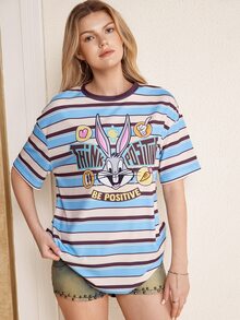 LOONEY TUNES X SHEIN Kaos Kasual Wanita Lengan Pendek Kerah Bulat Bergaris dengan Bahu Longgar - Biru - View 5