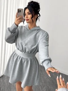 Elenzga Casual Cinched Waist Plus Size Women's Hooded Sweatshirt Dress Fall - Grey - View 6