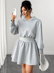 Elenzga Casual Cinched Waist Plus Size Women's Hooded Sweatshirt Dress Fall - Grey - View 3