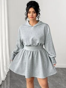 Elenzga Casual Cinched Waist Plus Size Women's Hooded Sweatshirt Dress Fall - Grey - View 5