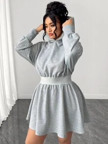 Elenzga Casual Cinched Waist Plus Size Women's Hooded Sweatshirt Dress Fall - Grey - View 1