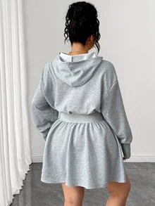 Elenzga Casual Cinched Waist Plus Size Women's Hooded Sweatshirt Dress Fall - Grey - View 2