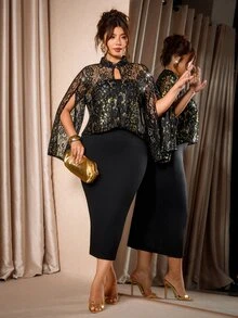 Cravure Plus Size Gold Lace Fabric Patchwork Soft Knit Fabric High Neck Cape Style 2 In 1 Long Dress Elegant For Outing, Date, Gathering, Party, Evening Dinner - Multicolor - View 5