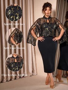 Cravure Plus Size Gold Lace Fabric Patchwork Soft Knit Fabric High Neck Cape Style 2 In 1 Long Dress Elegant For Outing, Date, Gathering, Party, Evening Dinner - Multicolor - View 9