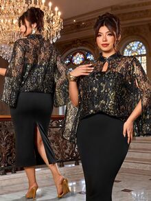 Cravure Plus Size Gold Lace Fabric Patchwork Soft Knit Fabric High Neck Cape Style 2 In 1 Long Dress Elegant For Outing, Date, Gathering, Party, Evening Dinner - Multicolor - View 10