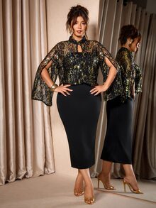 Cravure Plus Size Gold Lace Fabric Patchwork Soft Knit Fabric High Neck Cape Style 2 In 1 Long Dress Elegant For Outing, Date, Gathering, Party, Evening Dinner - Multicolor - View 8