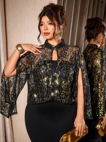 Cravure Plus Size Gold Lace Fabric Patchwork Soft Knit Fabric High Neck Cape Style 2 In 1 Long Dress Elegant For Outing, Date, Gathering, Party, Evening Dinner - Multicolor - View 6