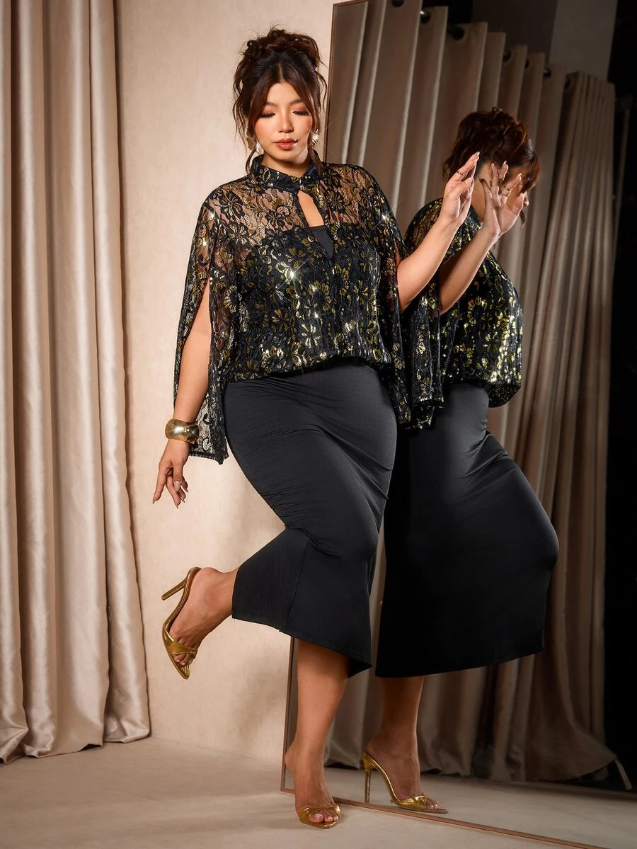 Cravure Plus Size Gold Lace Fabric Patchwork Soft Knit Fabric High Neck Cape Style 2 In 1 Long Dress Elegant For Outing, Date, Gathering, Party, Evening Dinner - Multicolor - View 1