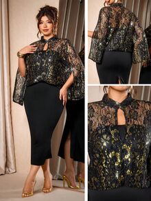Cravure Plus Size Gold Lace Fabric Patchwork Soft Knit Fabric High Neck Cape Style 2 In 1 Long Dress Elegant For Outing, Date, Gathering, Party, Evening Dinner - Multicolor - View 3