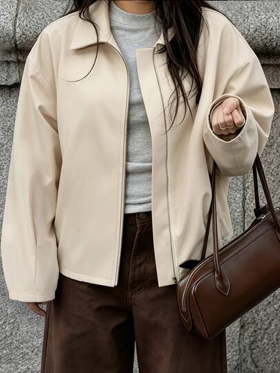 Easura Autumn/Winter Plus Size Women's Beige Lapel Zip-Up Short Jacket, Loose Drop Shoulder Silhouette, Casual Commute Streetwear Jacket Fall