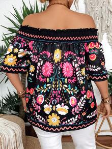 Breezaya Plus Size Vacation Casual Off Shoulder Printed Summer Boho Blouse - Multicolor - View 2