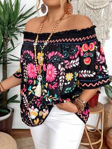 Breezaya Plus Size Vacation Casual Off Shoulder Printed Summer Boho Blouse - Multicolor - View 8