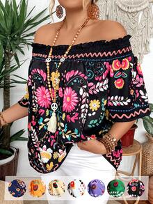 Breezaya Plus Size Vacation Casual Off Shoulder Printed Summer Boho Blouse - Multicolor - View 3