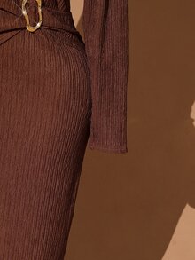 Rometta Plus Size Women Summer Elegant Brown Knitted Bodycon Dress,Autumn Long Sleeve V-Neck Metal Button Dinner Dress, Textured Twist Knot Split Design - Coffee Brown - View 7