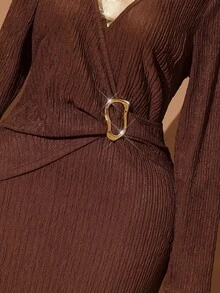 Rometta Plus Size Women Summer Elegant Brown Knitted Bodycon Dress,Autumn Long Sleeve V-Neck Metal Button Dinner Dress, Textured Twist Knot Split Design - Coffee Brown - View 1