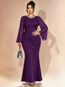 Cravure Women's Plus Size Spring Summer Autumn Date Cocktail Birthday Party Holiday Flare Sleeve Sheer Round Neck Mermaid Dress - Purple - View 1