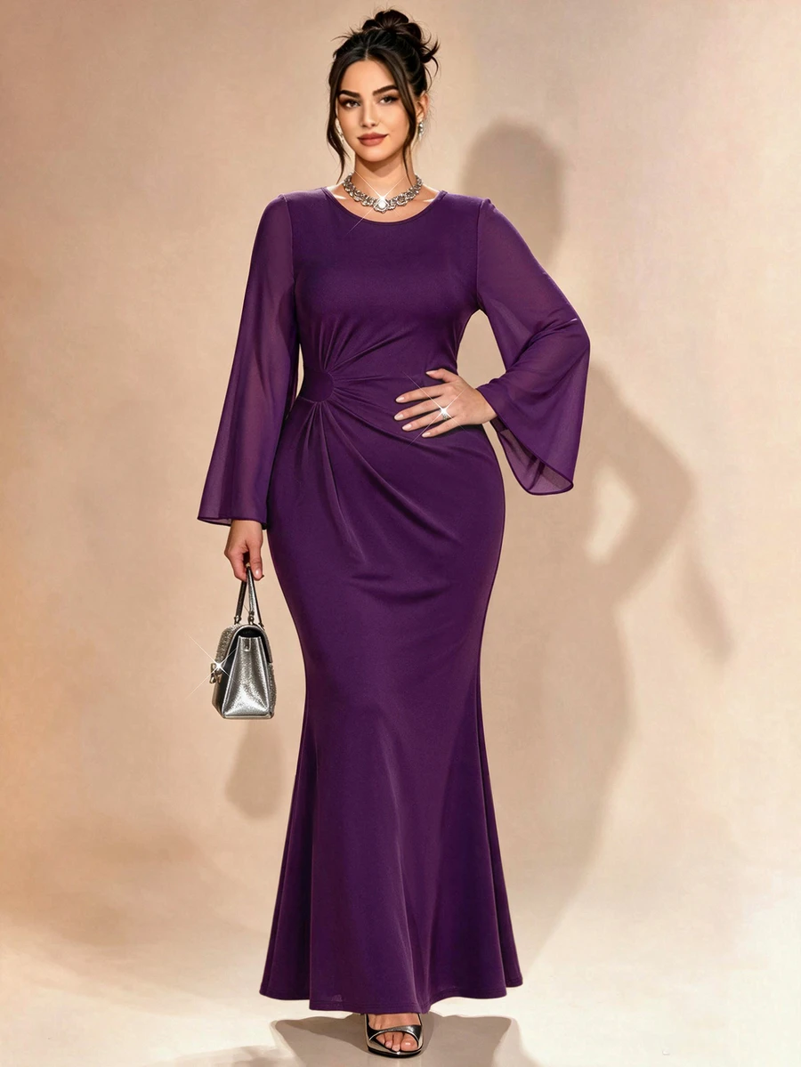 Cravure Women's Plus Size Spring Summer Autumn Date Cocktail Birthday Party Holiday Flare Sleeve Sheer Round Neck Mermaid Dress - Purple - View 1