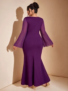 Cravure Women's Plus Size Spring Summer Autumn Date Cocktail Birthday Party Holiday Flare Sleeve Sheer Round Neck Mermaid Dress - Purple - View 2
