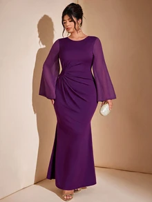 Cravure Women's Plus Size Spring Summer Autumn Date Cocktail Birthday Party Holiday Flare Sleeve Sheer Round Neck Mermaid Dress - Purple - View 5