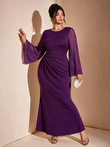 Cravure Women's Plus Size Spring Summer Autumn Date Cocktail Birthday Party Holiday Flare Sleeve Sheer Round Neck Mermaid Dress - Purple - View 4