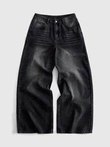 ROMWE MEN Jeans de corte holgado con patrón bordado para hombres - Negro - Ver 2