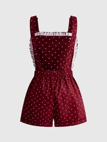 ROMWE Spring Summer Autumn Kawaii Country Vintage Polka Dot Strawberry Patchwork Overalls Jumpsuit For Women - Red - View 4