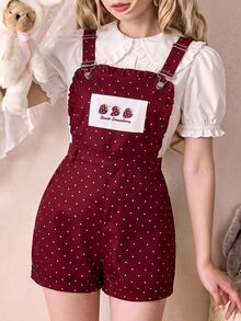 ROMWE Spring Summer Autumn Kawaii Country Vintage Polka Dot Strawberry Patchwork Overalls Jumpsuit For Women - Red - View 5
