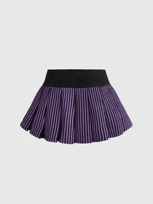ROMWE Women's Tank Top And Pleated Skirt Dark Purple Purple And Black Casual Goth Denim Set Halloween Night Club Concert Autumn - Black - View 7