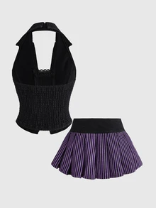 ROMWE Women's Tank Top And Pleated Skirt Dark Purple Purple And Black Casual Goth Denim Set Halloween Night Club Concert Autumn - Black - View 2