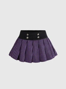 ROMWE Women's Tank Top And Pleated Skirt Dark Purple Purple And Black Casual Goth Denim Set Halloween Night Club Concert Autumn - Black - View 6