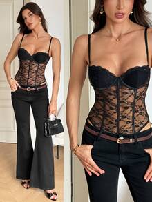 SHEIN Tall Spring/Summer Music Festival Party Street Style Lace Sleeveless Jumpsuit, Suitable For Daily Wear, Nightclub And Concert Occasions - Black - View 3
