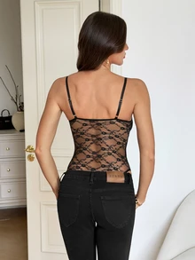 SHEIN Tall Spring/Summer Music Festival Party Street Style Lace Sleeveless Jumpsuit, Suitable For Daily Wear, Nightclub And Concert Occasions - Black - View 7