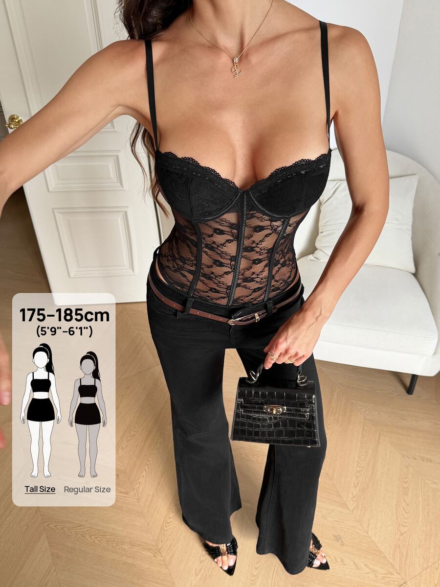 SHEIN Tall Spring/Summer Music Festival Party Street Style Lace Sleeveless Jumpsuit, Suitable For Daily Wear, Nightclub And Concert Occasions - Black - View 1