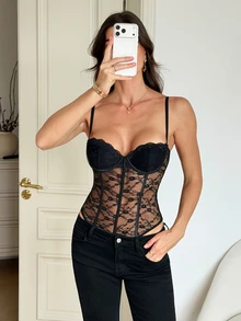 SHEIN Tall Spring/Summer Music Festival Party Street Style Lace Sleeveless Jumpsuit, Suitable For Daily Wear, Nightclub And Concert Occasions - Black - View 8