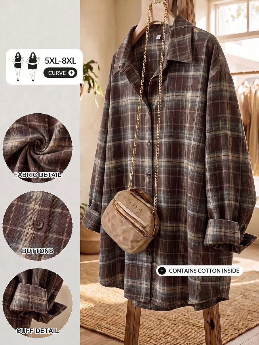 SHEIN CURVE+ Kemeja Wanita Ukuran Besar untuk Pakaian Kasual Sehari-hari di Musim Gugur dan Hari Thanksgiving - MultiWarna - View 1