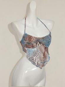 SHEIN ICON Retro Sexy Snake Print Triangular Scarf With Halter Decoration, Tank Top Leopard Print Club Night Out Brown And Blue Leopard Print Summer - Green - View 4