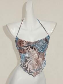 SHEIN ICON Retro Sexy Snake Print Triangular Scarf With Halter Decoration, Tank Top Leopard Print Club Night Out Brown And Blue Leopard Print Summer - Green - View 2