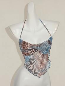 SHEIN ICON Retro Sexy Snake Print Triangular Scarf With Halter Decoration, Tank Top Leopard Print Club Night Out Brown And Blue Leopard Print Summer - Green - View 6