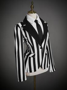 SHEIN ICON Halloween Dark Style Black & White Striped Fitted Women Blazer In Fall/Winter - Black and White - View 5