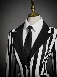 SHEIN ICON Halloween Dark Style Black & White Striped Fitted Women Blazer In Fall/Winter - Black and White - View 7