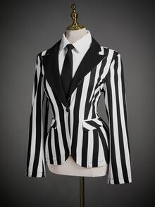 SHEIN ICON Halloween Dark Style Black & White Striped Fitted Women Blazer In Fall/Winter - Black and White - View 3
