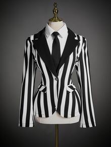 SHEIN ICON Halloween Dark Style Black & White Striped Fitted Women Blazer In Fall/Winter - Black and White - View 2
