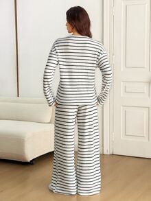 SHEIN Tall Women's Fall Casual Black And White Striped Top Pants 2 Pieces Set Lounge - Multicolor - View 2