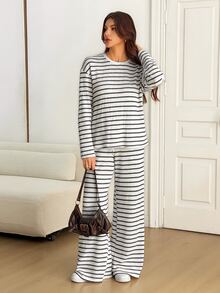 SHEIN Tall Women's Fall Casual Black And White Striped Top Pants 2 Pieces Set Lounge - Multicolor - View 7