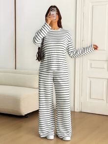 SHEIN Tall Women's Fall Casual Black And White Striped Top Pants 2 Pieces Set Lounge - Multicolor - View 3