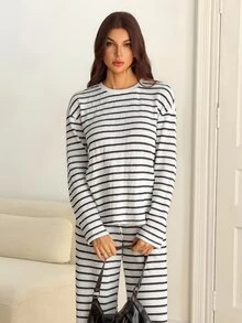 SHEIN Tall Women's Fall Casual Black And White Striped Top Pants 2 Pieces Set Lounge - Multicolor - View 4